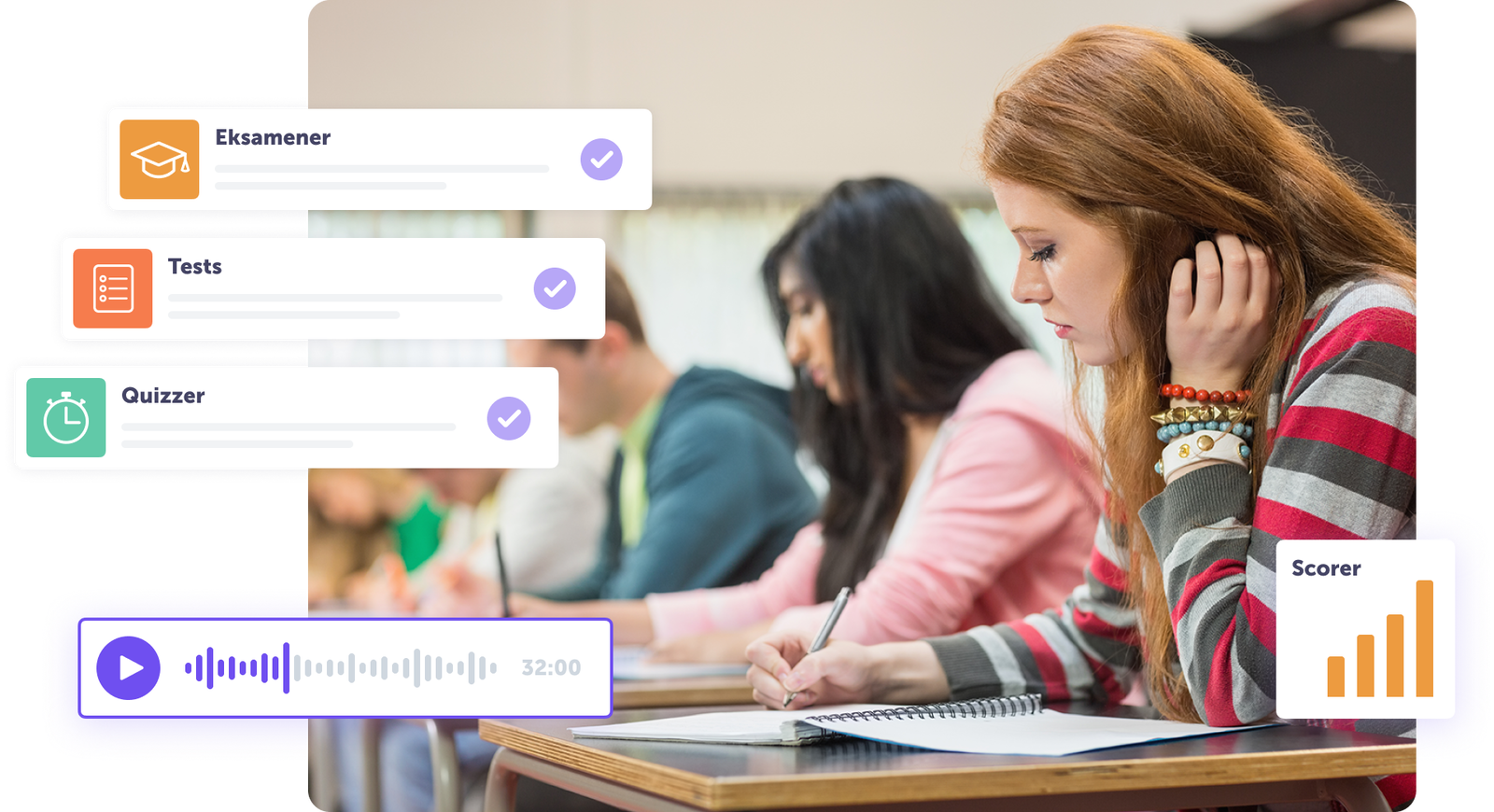 Studerende deltager i eksamen med opgaver og værktøjer til quizzer og scoring.