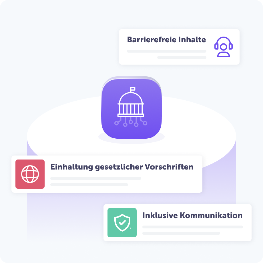 Illustration, die Funktionen für den öffentlichen Dienst hervorhebt. Ein zentrales Symbol eines Regierungsgebäudes ist umgeben von drei Vorteilen: „Barrierefreie Inhalte“, „Inklusive Kommunikation“ und „Einhaltung gesetzlicher Vorschriften“.