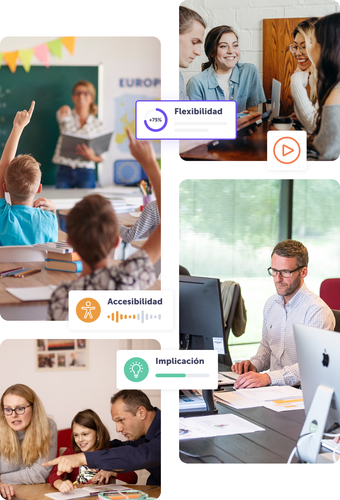 Imagen de un aula y trabajo colaborativo, destacando flexibilidad, accesibilidad e implicación.
