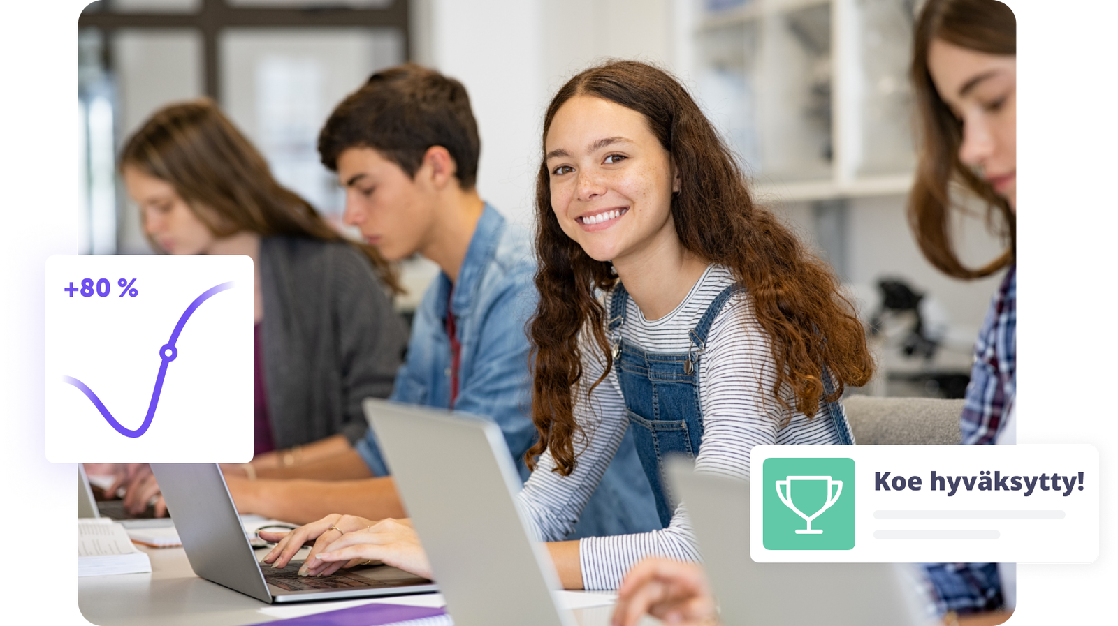 Nuori nainen hymyilee tietokoneen ääressä, ympärillä opiskelutovereita ja tilastodiagrammi.