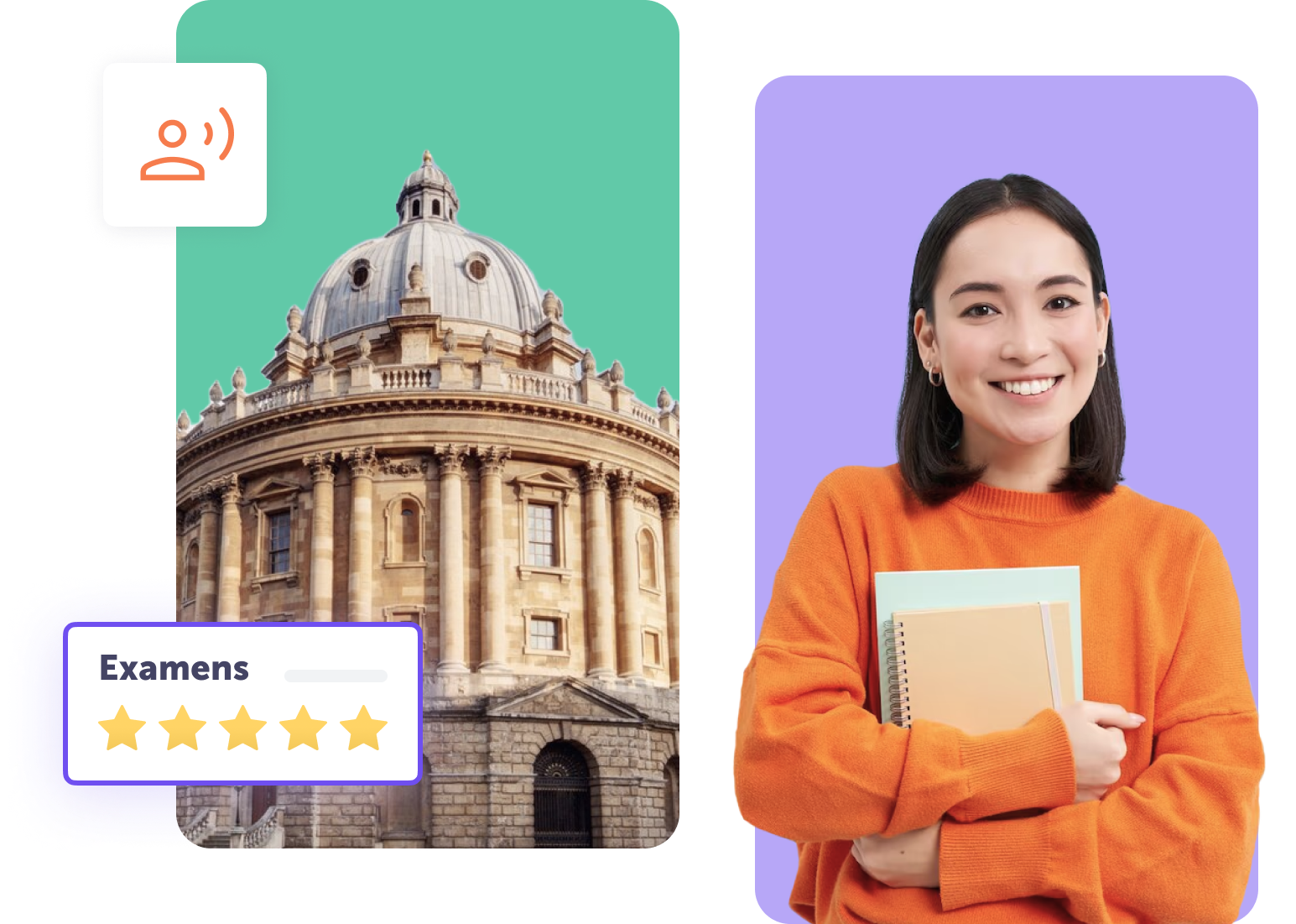Femme souriante en pull orange tenant des carnets devant un bâtiment historique.