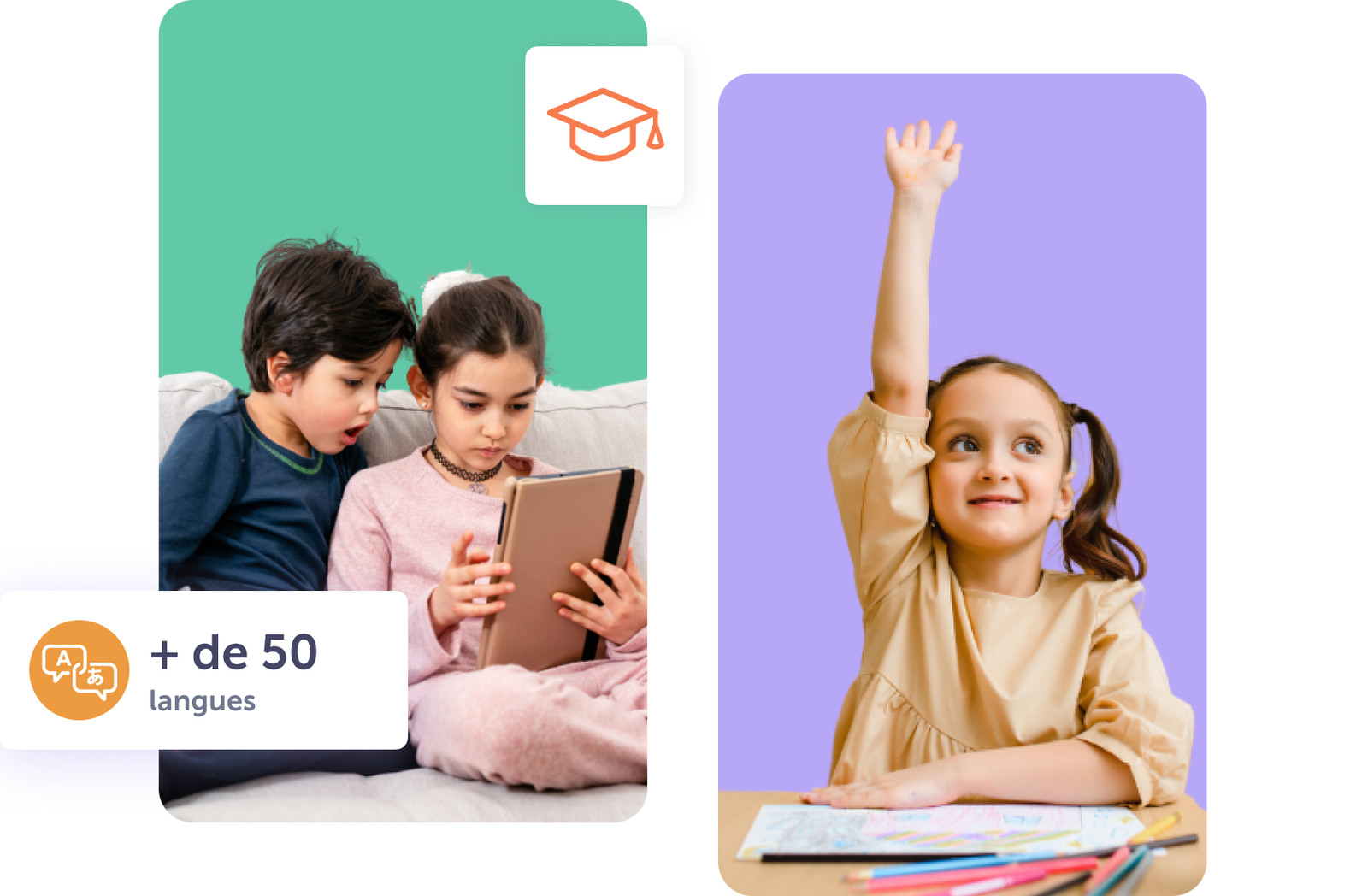 Enfants apprenant avec une tablette, fille levant la main, couleurs vives.