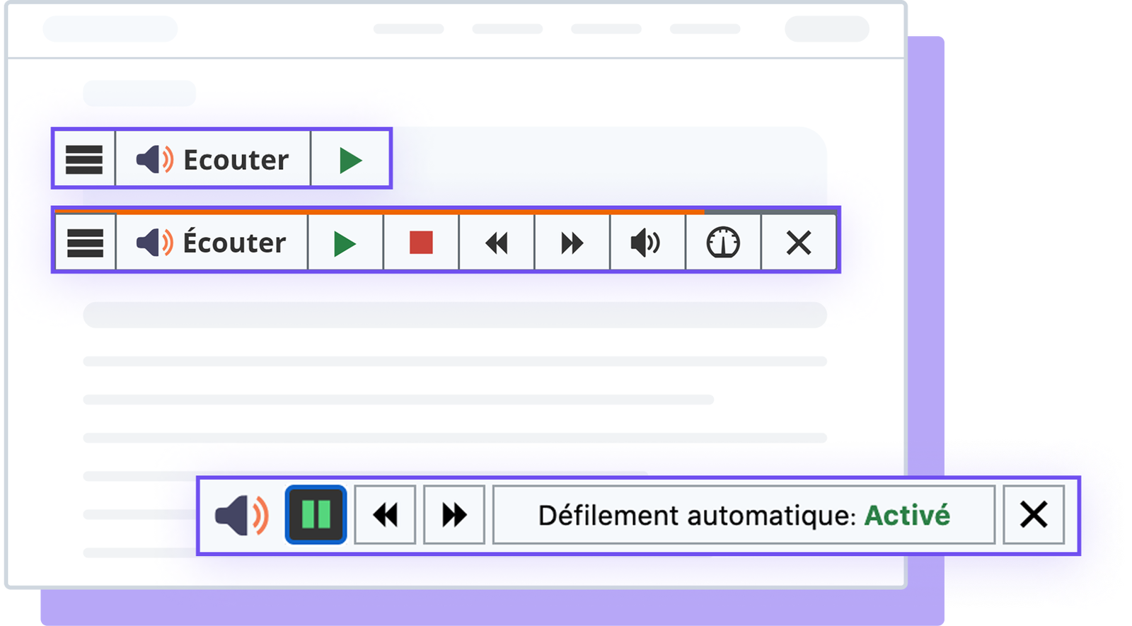 Interface utilisateur avec boutons de lecture et options de défilement automatique activé.