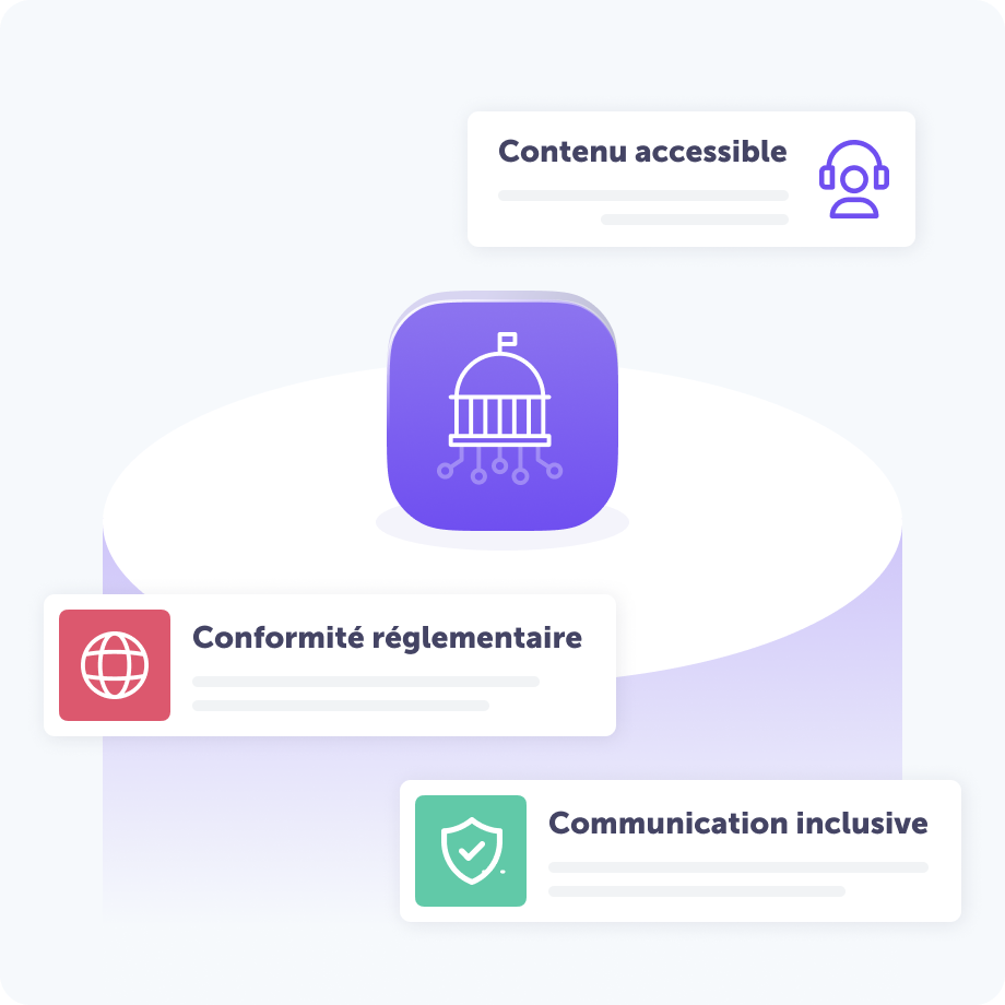 Illustration mettant en avant les fonctionnalités pour le secteur des services publics. Une icône centrale représentant un bâtiment gouvernemental est entourée de trois avantages clés : « Contenu accessible », « Communication inclusive » et « Conformité réglementaire ».