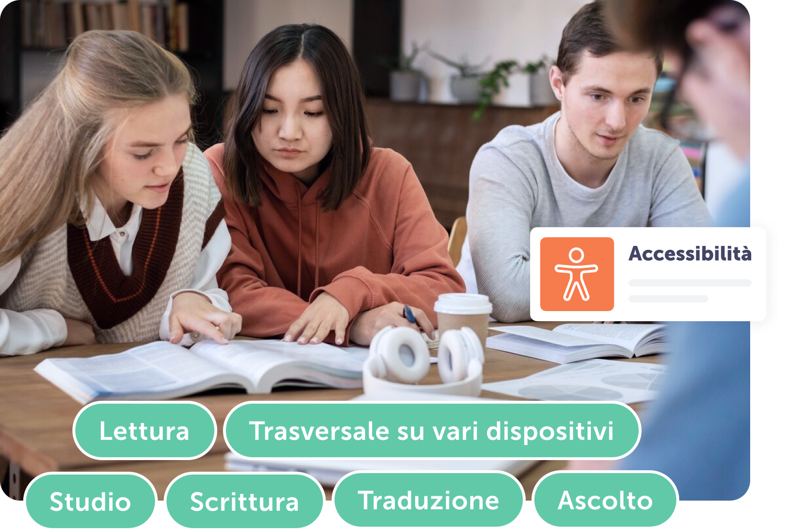 Tre studenti concentrati su libri e appunti, con icone di accessibilità e apprendimento.