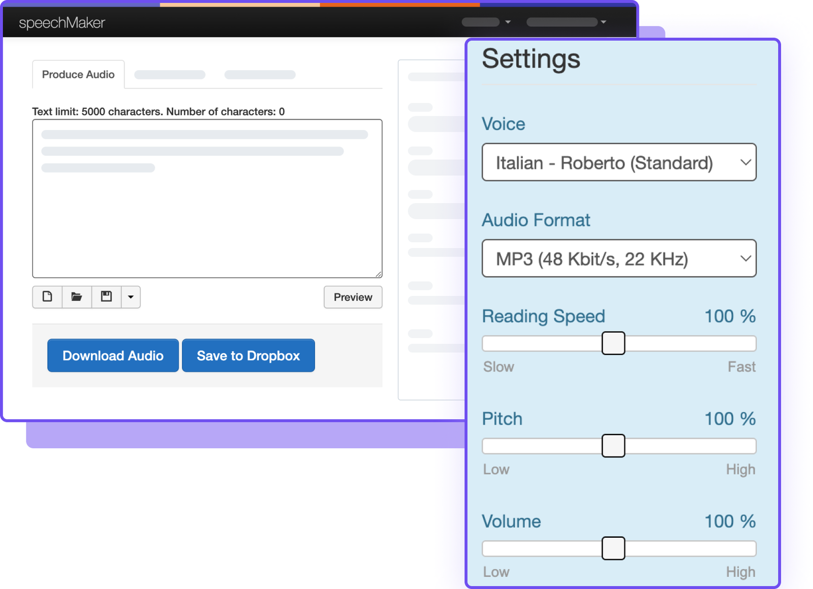 Interfaccia di un'app per generare audio con opzioni di voce e formato MP3.