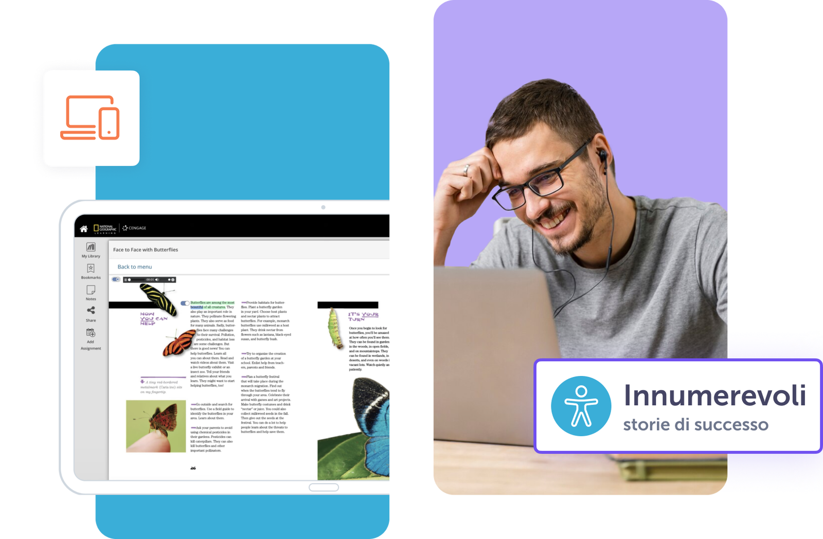 Uomo sorridente utilizza un laptop mentre legge contenuti su farfalle.