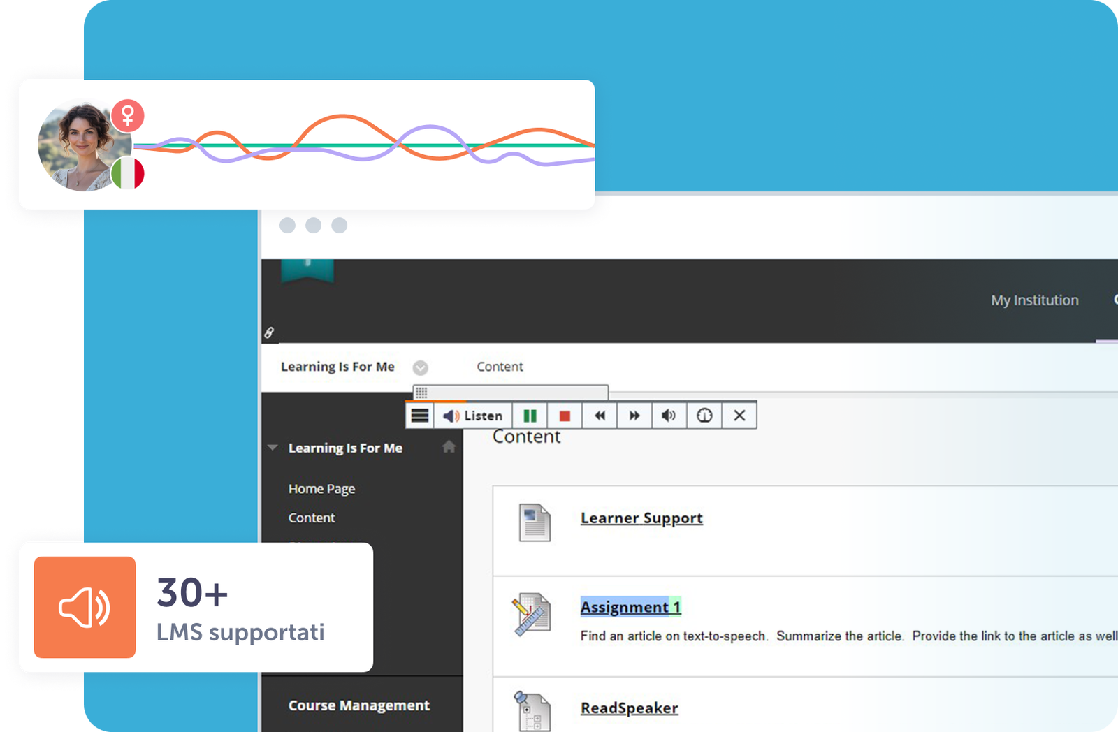 Schermata di interfaccia LMS con supporto audio e opzioni di accesso per gli utenti.