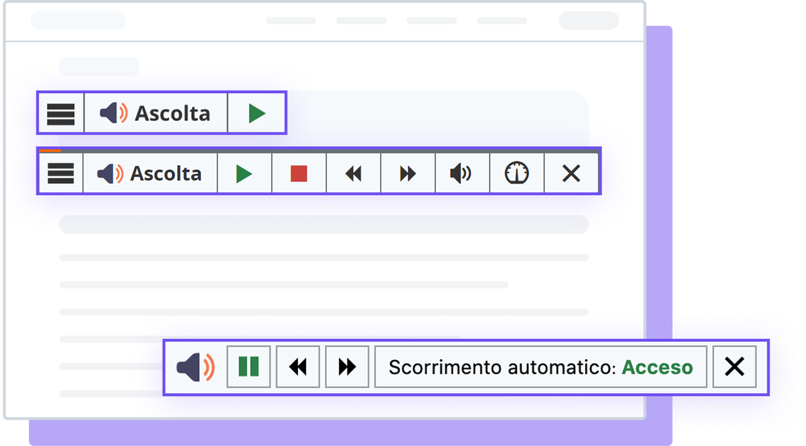 Interfaccia utente con controlli audio e opzioni di scorrimento automatico attivo.