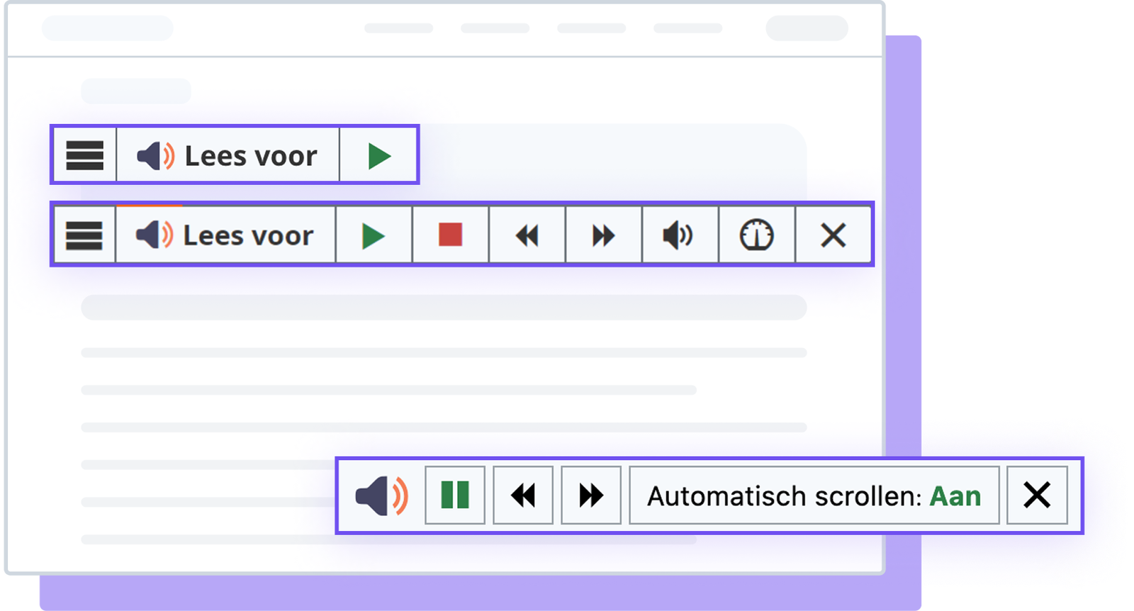 Bedieningselementen voor tekst-naar-spraak met knoppen voor afspelen en scrollen.