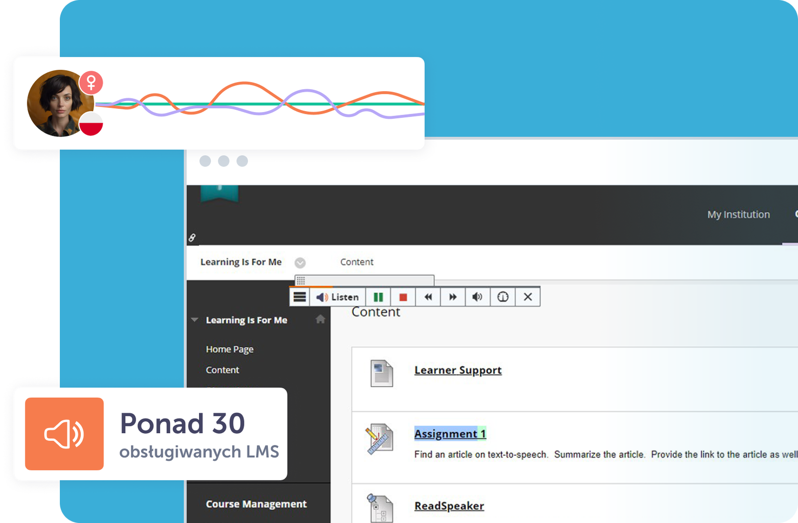 Interfejs platformy edukacyjnej z funkcją text-to-speech i wsparciem dla LMS.