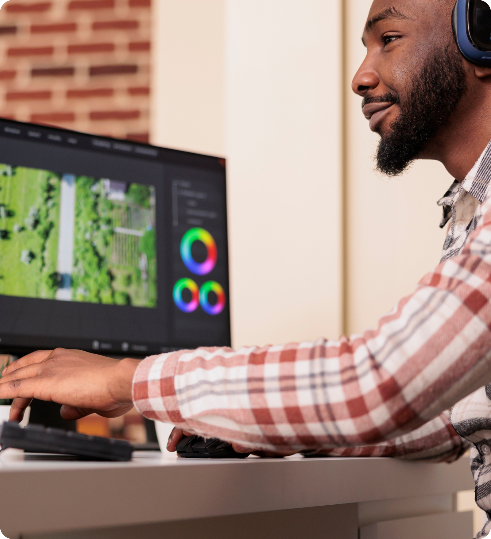 Mężczyzna w słuchawkach pracujący przy komputerze z edytorem zdjęć i kolorowymi kołami.