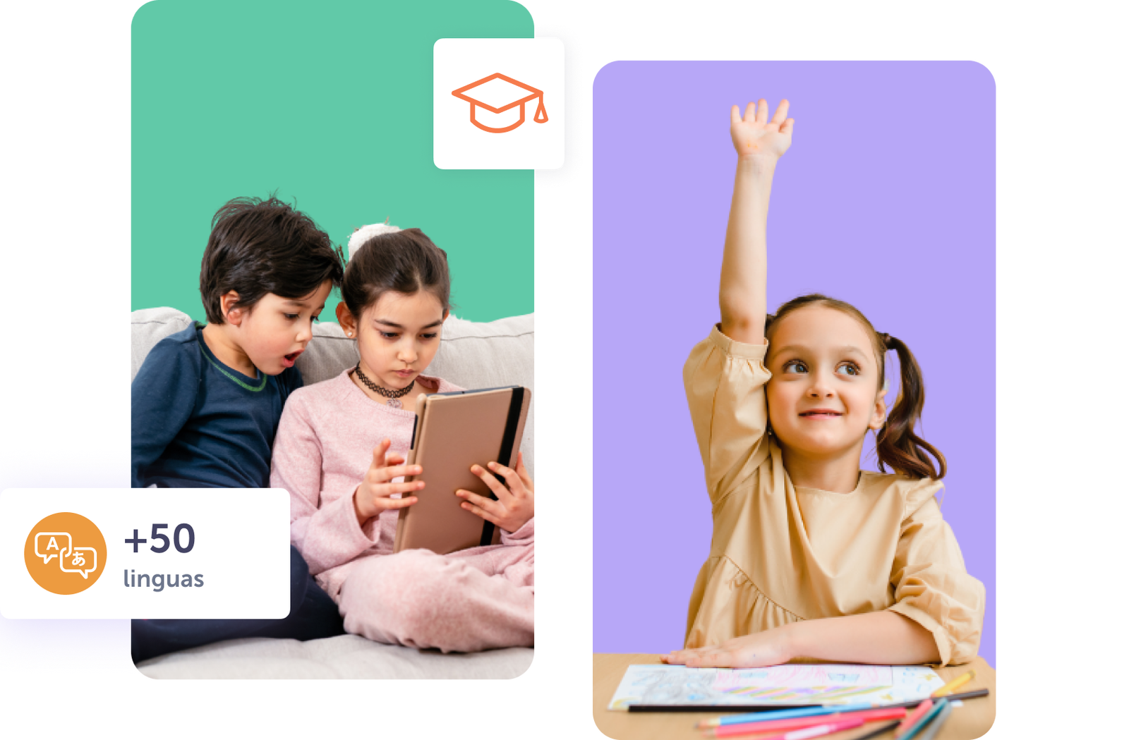 Crianças interagindo com tecnologia e aprendendo em um ambiente divertido e colorido.