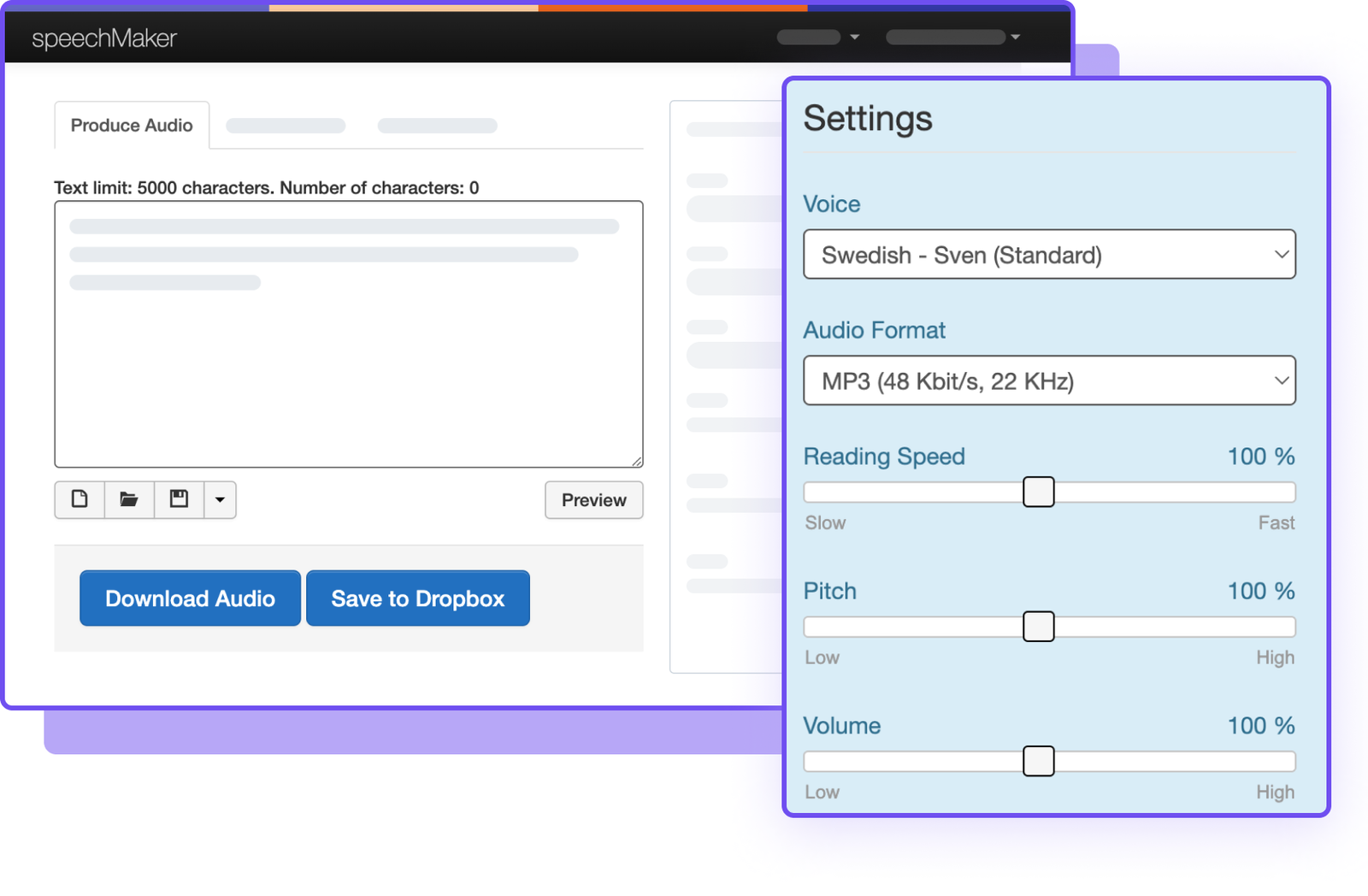 Användargränssnitt för ljudproduktion med inställningar för röst och ljudformat.