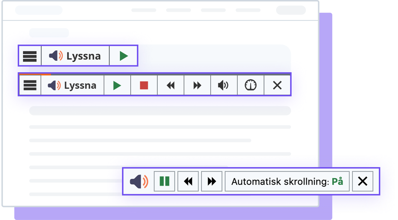 Användargränssnitt med ljudknappar och automatisk rullning för att lyssna på innehåll.