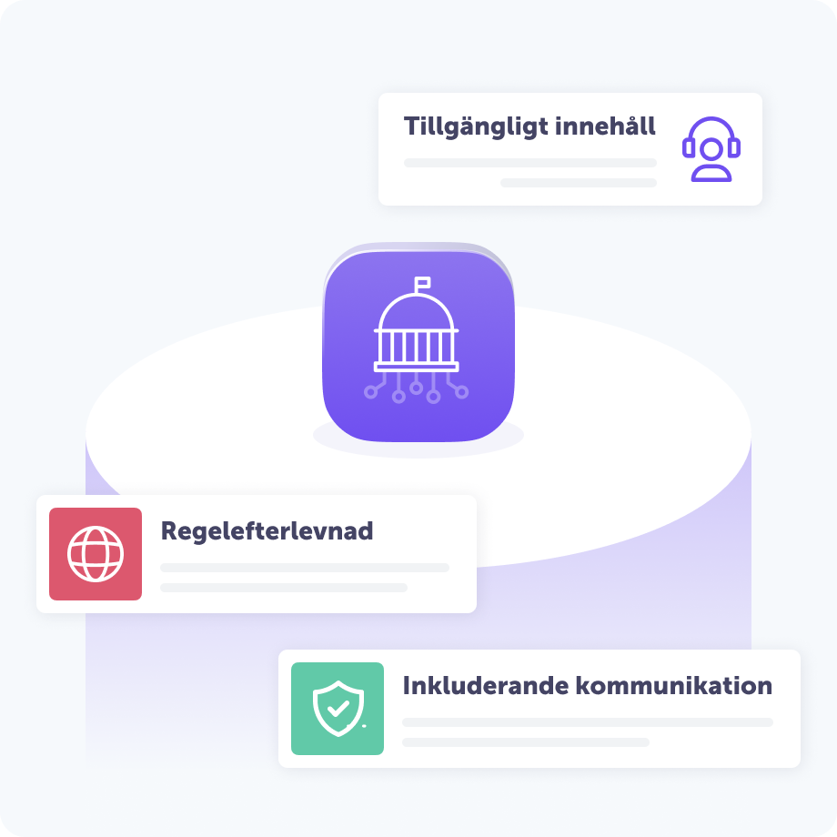 Illustration som lyfter fram funktioner för den offentliga sektorn. En central ikon av en regeringsbyggnad omges av tre nyckelfördelar: ”Tillgängligt innehåll”, ”Inkluderande kommunikation” och ”Regelefterlevnad”.