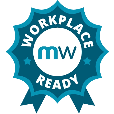 Blue badge with "Workplace Ready" and "mw" logo in the center.