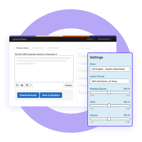 User interface of speechMaker, featuring audio settings and download options.