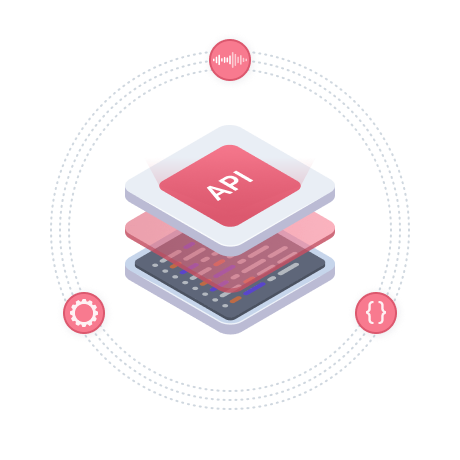 Illustration of an API with layered components and icons representing functionality and integration.