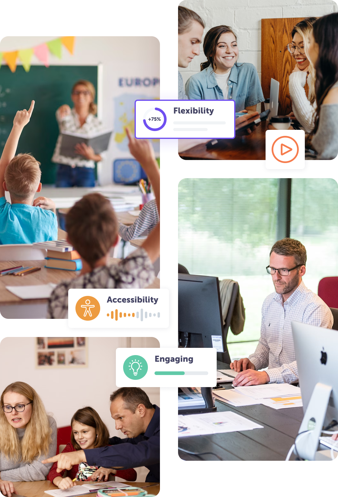 Diverse learning environments highlighting flexibility, accessibility, and engagement in education.