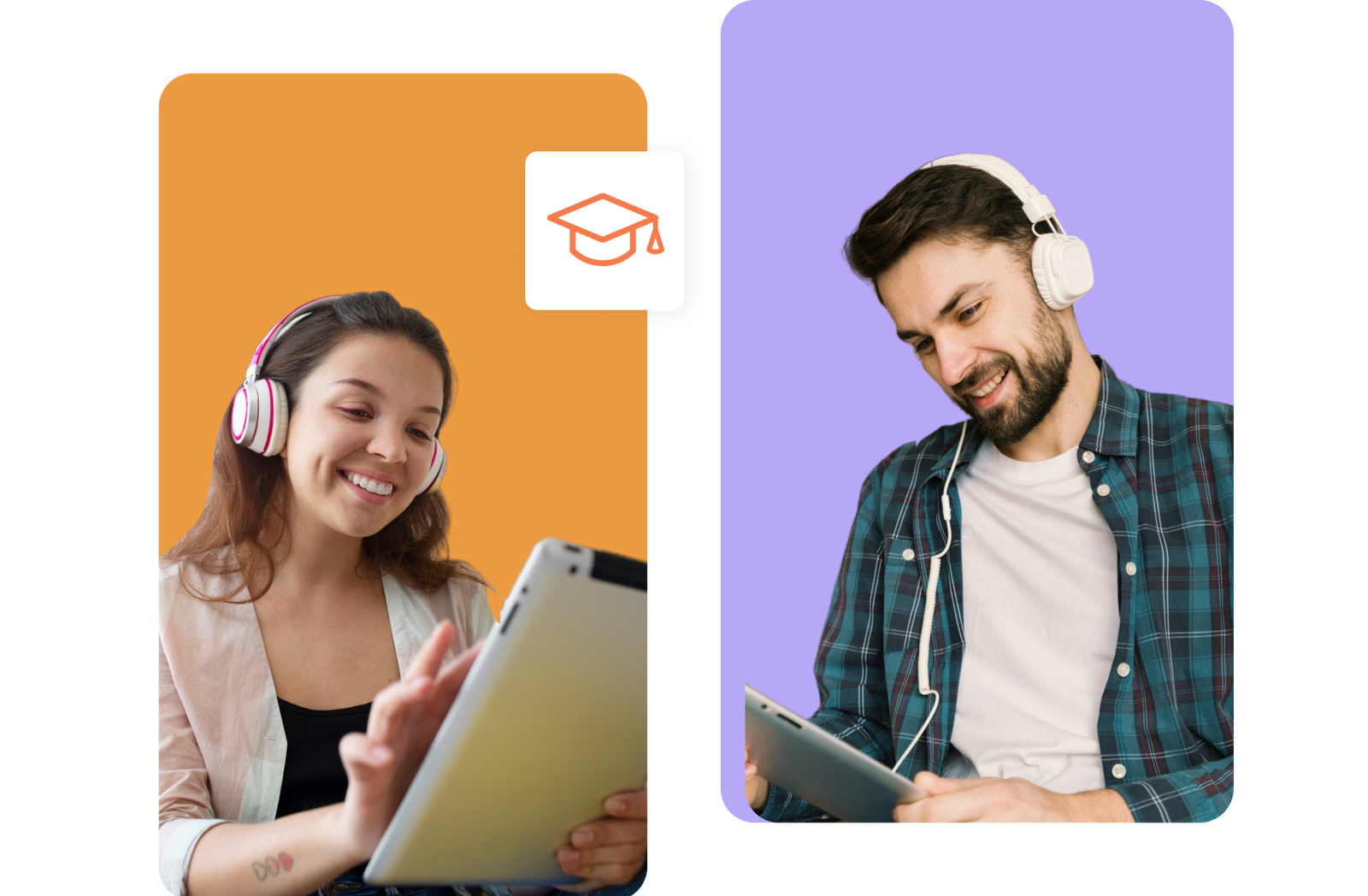 Child and adult using devices with headphones.