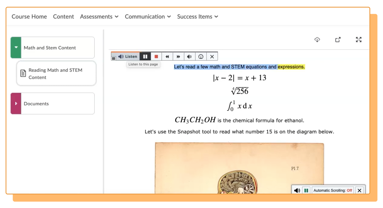 Math and STEM content interface displaying equations, chemical formula, and reading tools.