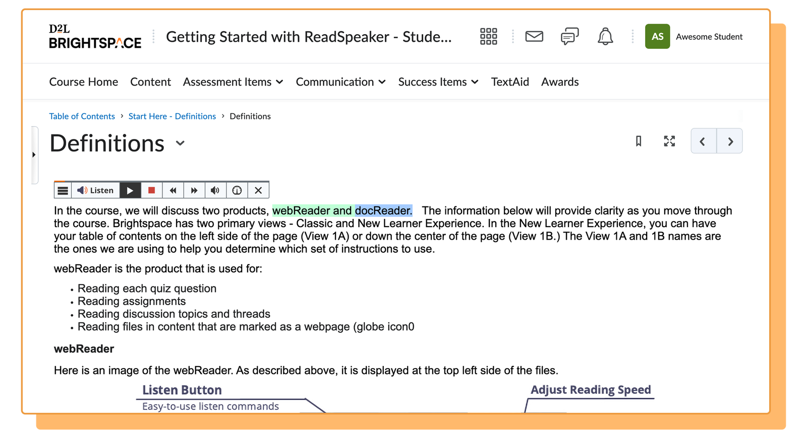 Course dashboard featuring ReadSpeaker accessibility tool.