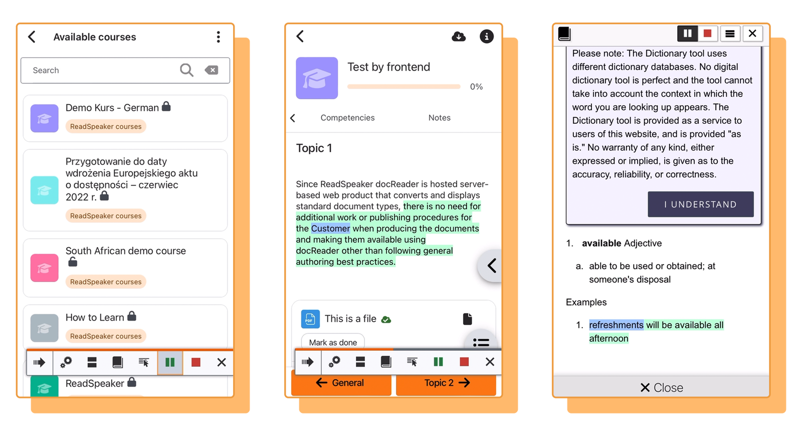 User interface showcasing available courses, document reader, and dictionary tool features.