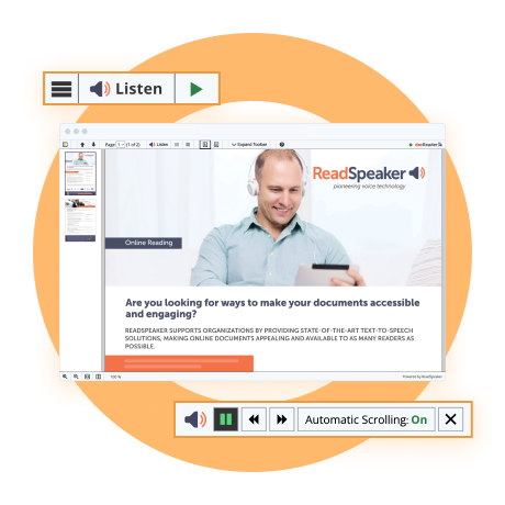 ReadSpeaker interface showcasing online reading and accessibility features with audio controls.