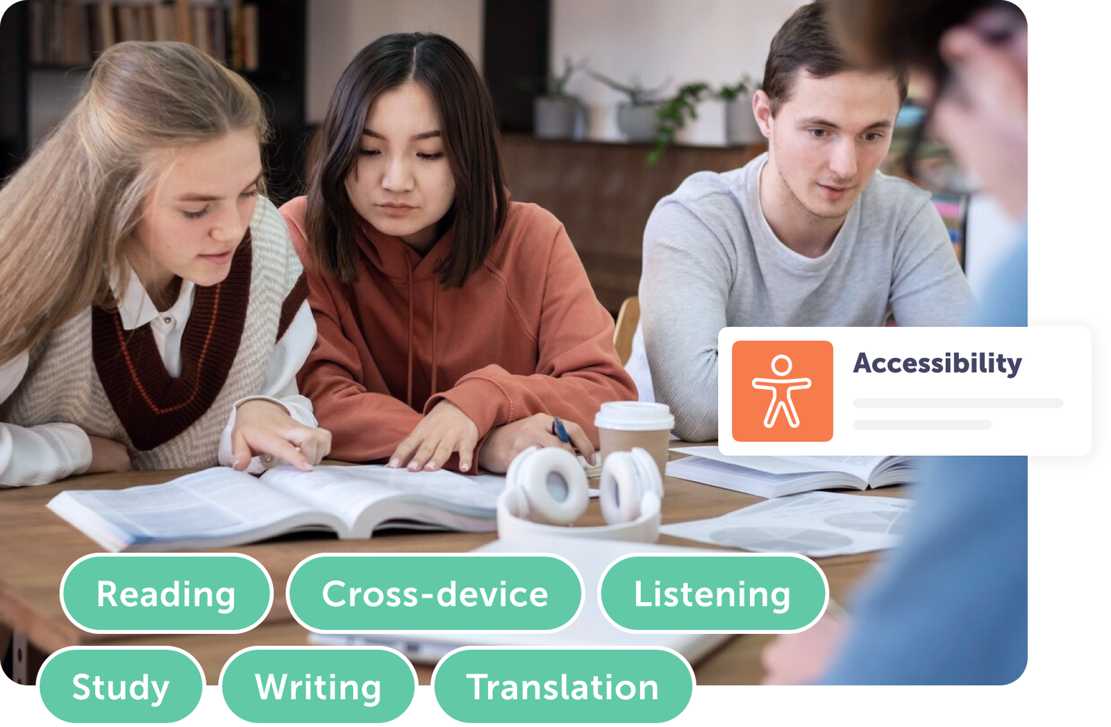 Students collaborating on study materials with focus on accessibility features and tools.