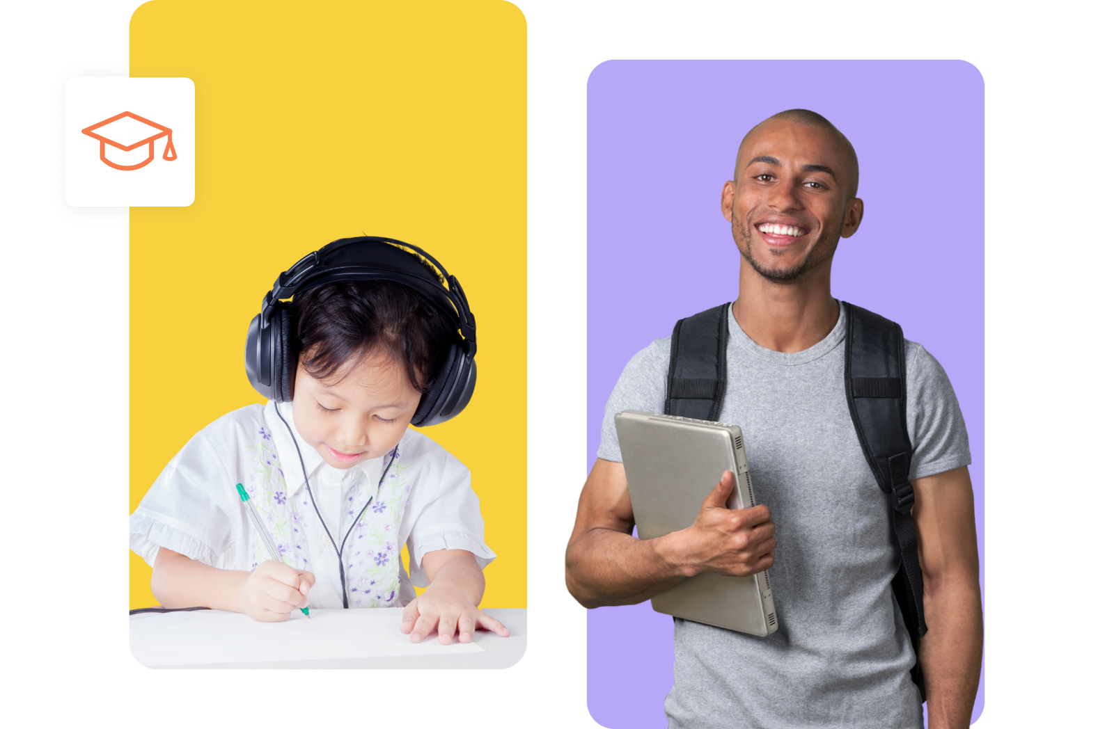 Child studying with headphones alongside a smiling man holding a tablet.