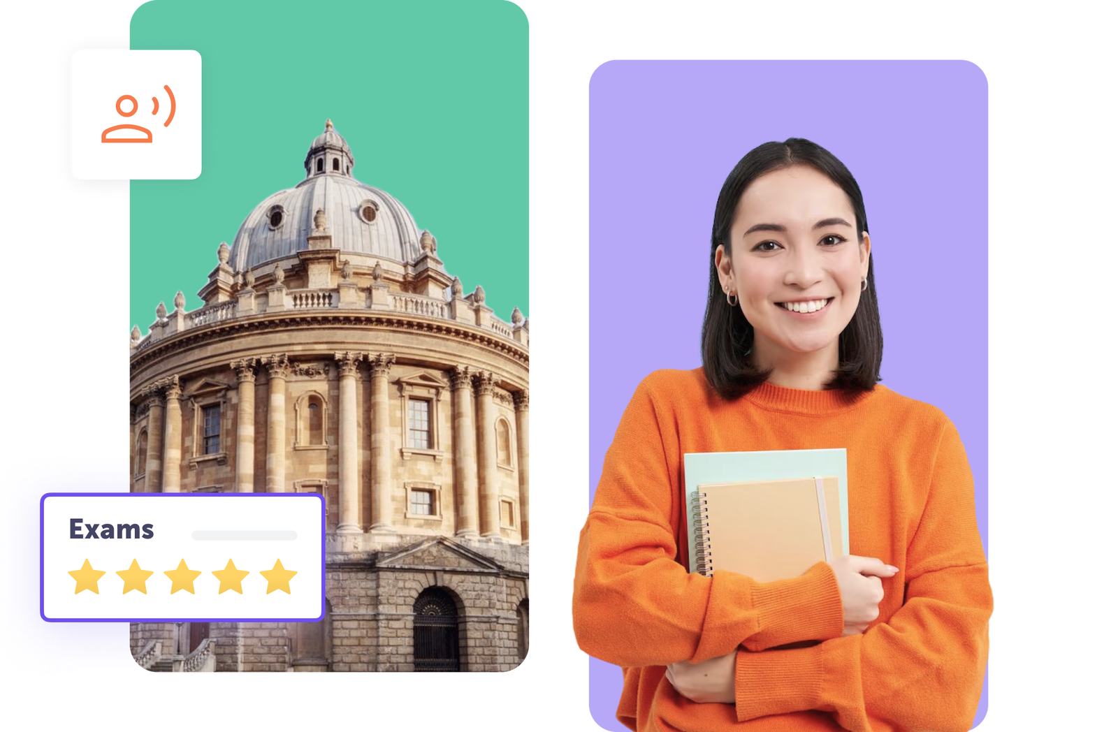Student smiling with textbooks beside a historical building and exam rating graphic.