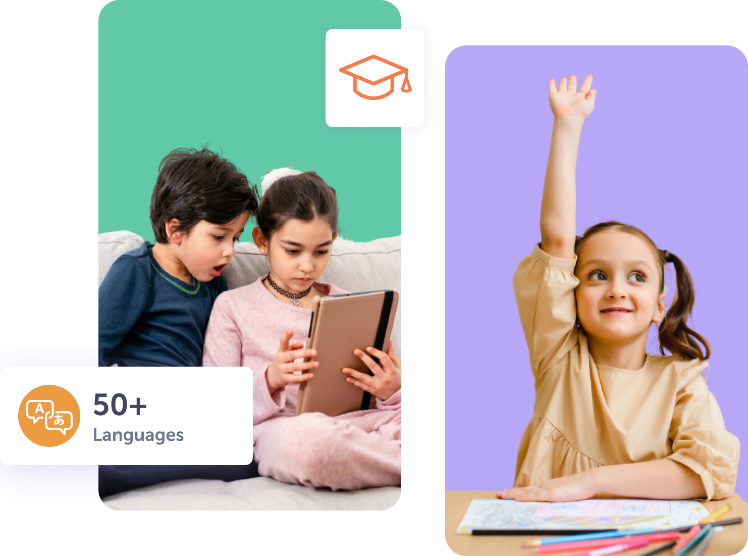 Children engaging with a tablet while a girl raises her hand.