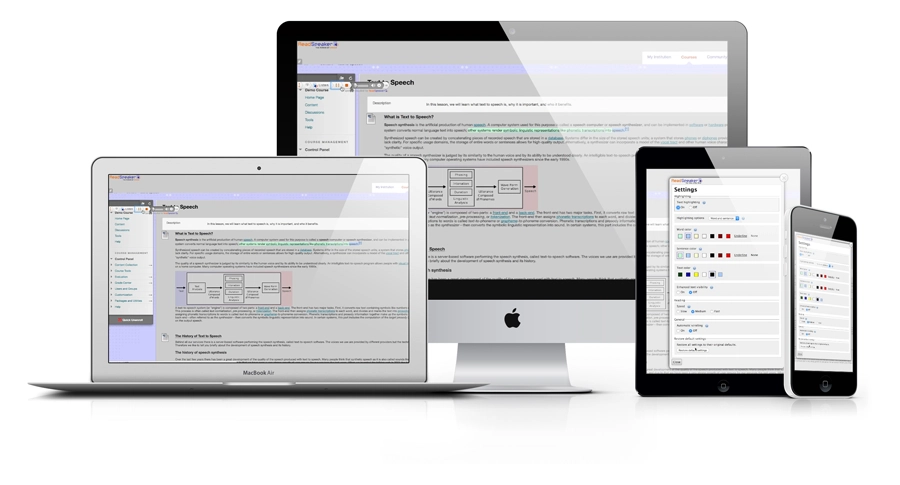 Multiple devices displaying a text-to-speech software interface with settings options.