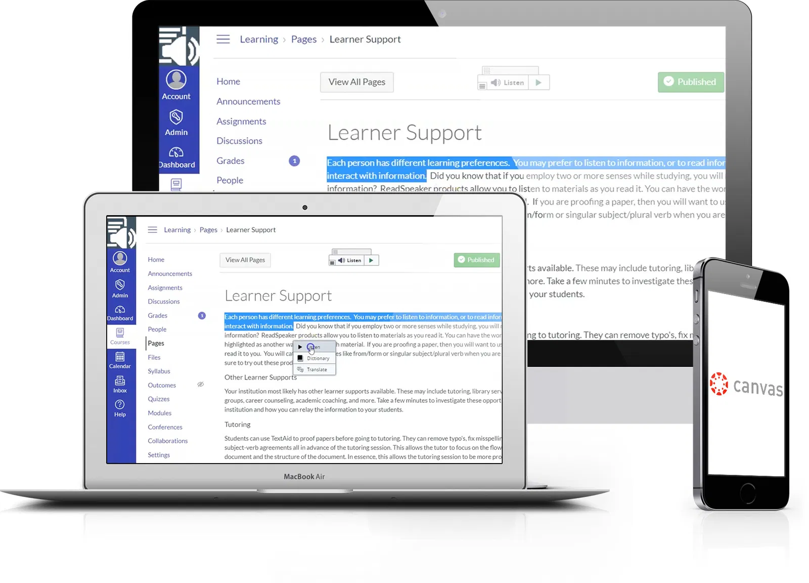 Three devices displaying the Canvas platform with interactive features.