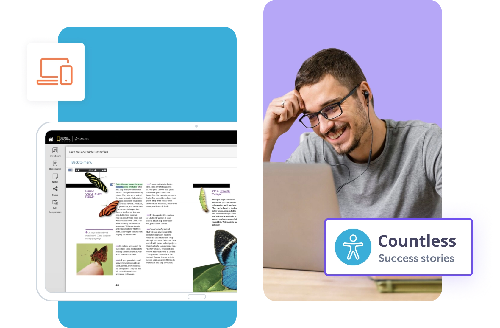 Man smiling at a laptop with educational content about butterflies displayed on a tablet.