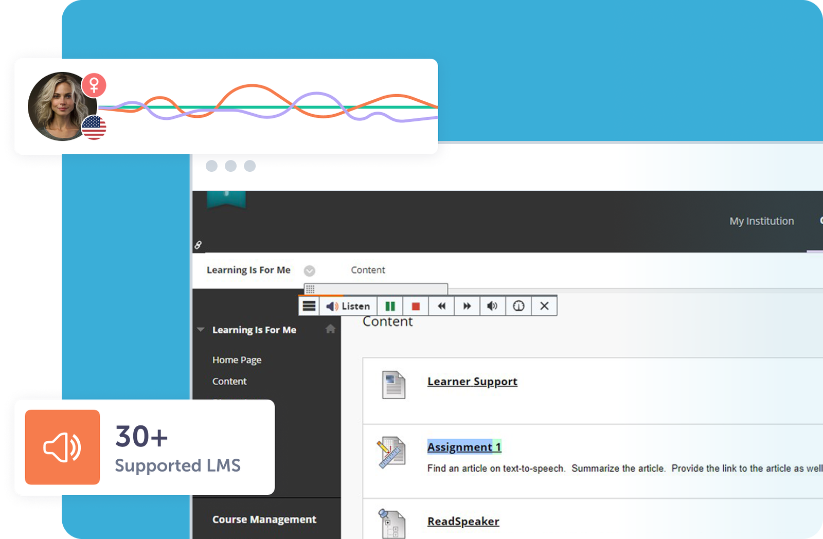 User-friendly LMS interface displaying text-to-speech options and learner support features.
