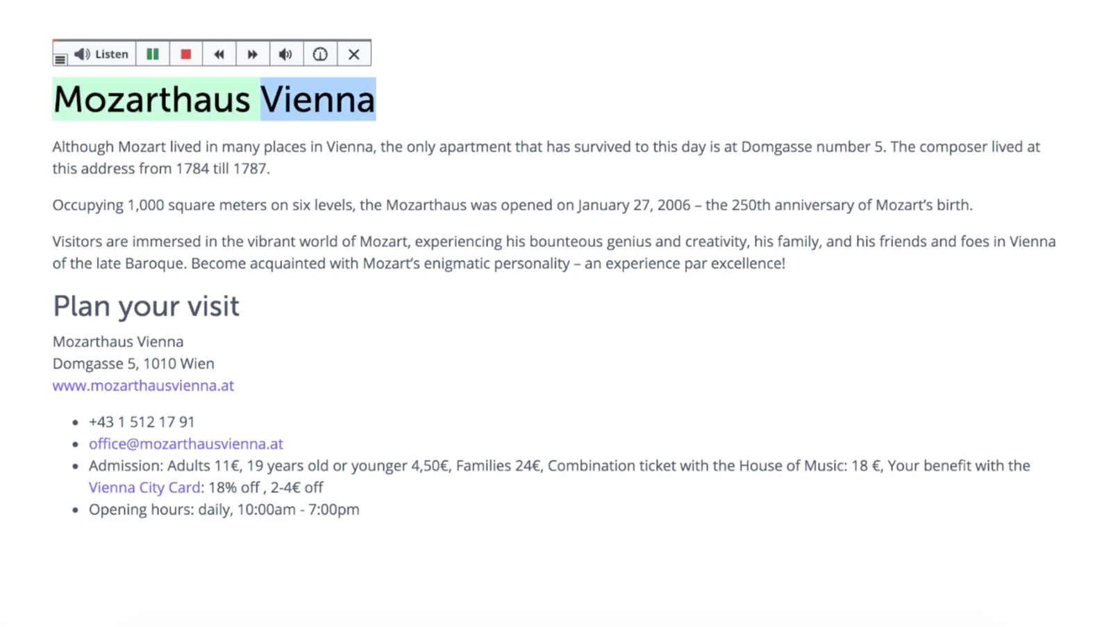 Mozarthaus Vienna overview with visitor information and historical details about Mozart's life.