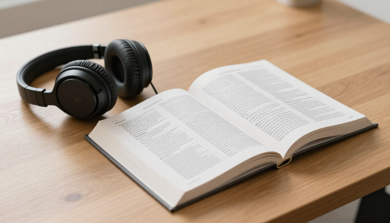 Diccionario con auriculares en un escritorio representando la personalización de pronunciación.