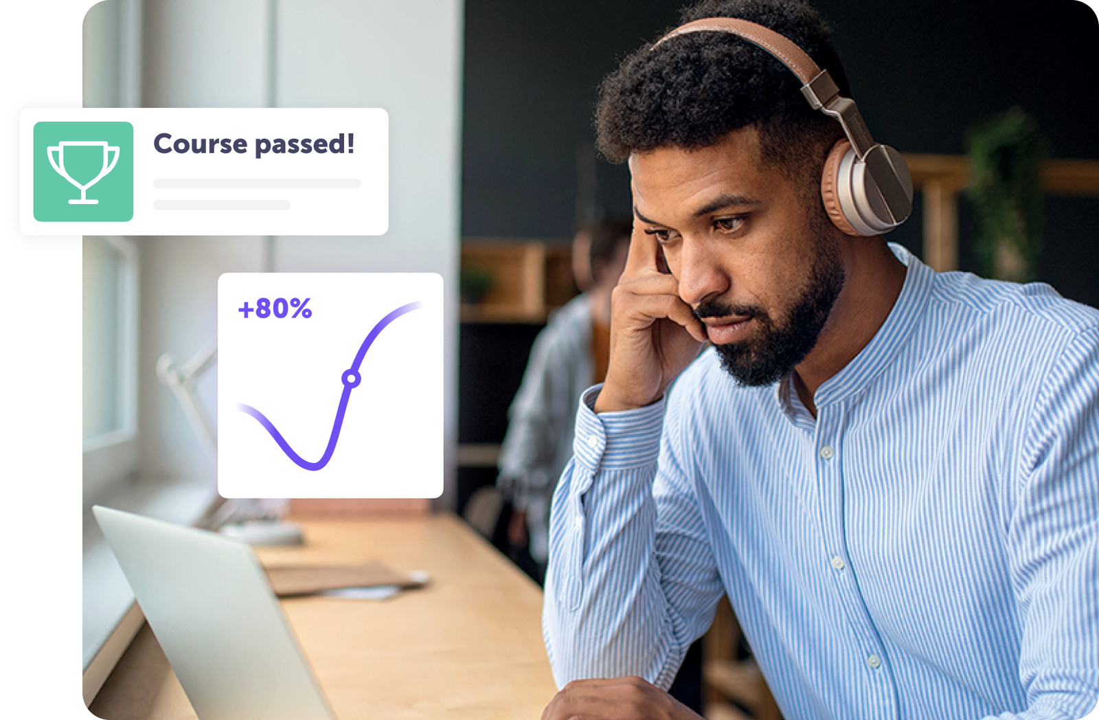 Man with headphones celebrating course completion with a progress chart showing +80%.