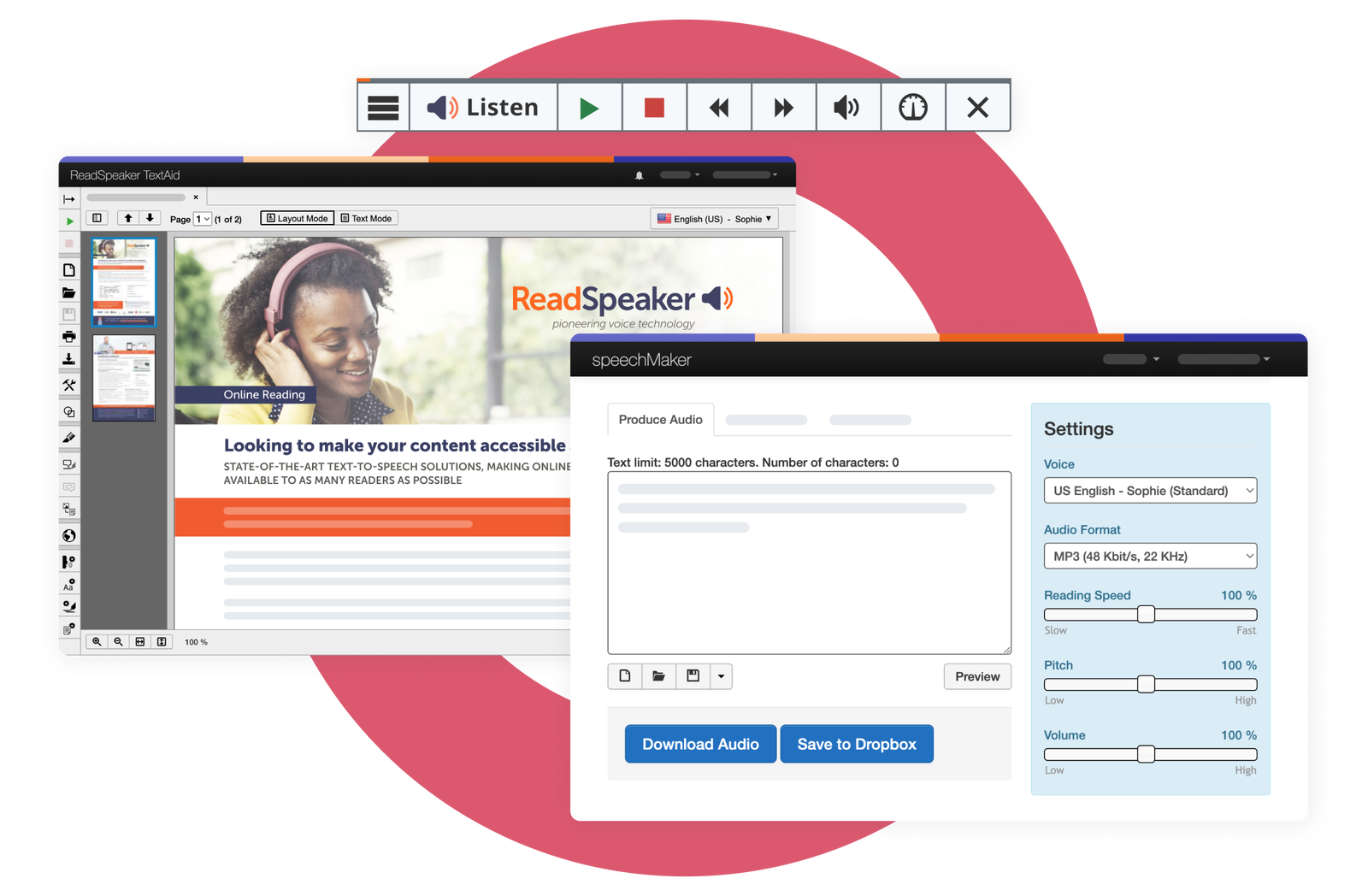 User interface of ReadSpeaker TextAid with audio settings and online reading features displayed.