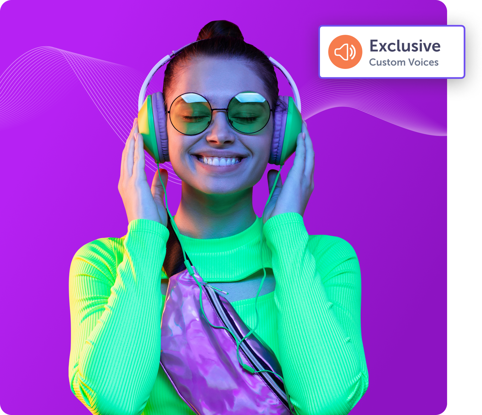 Woman in neon attire enjoying music with headphones against a vibrant purple background.