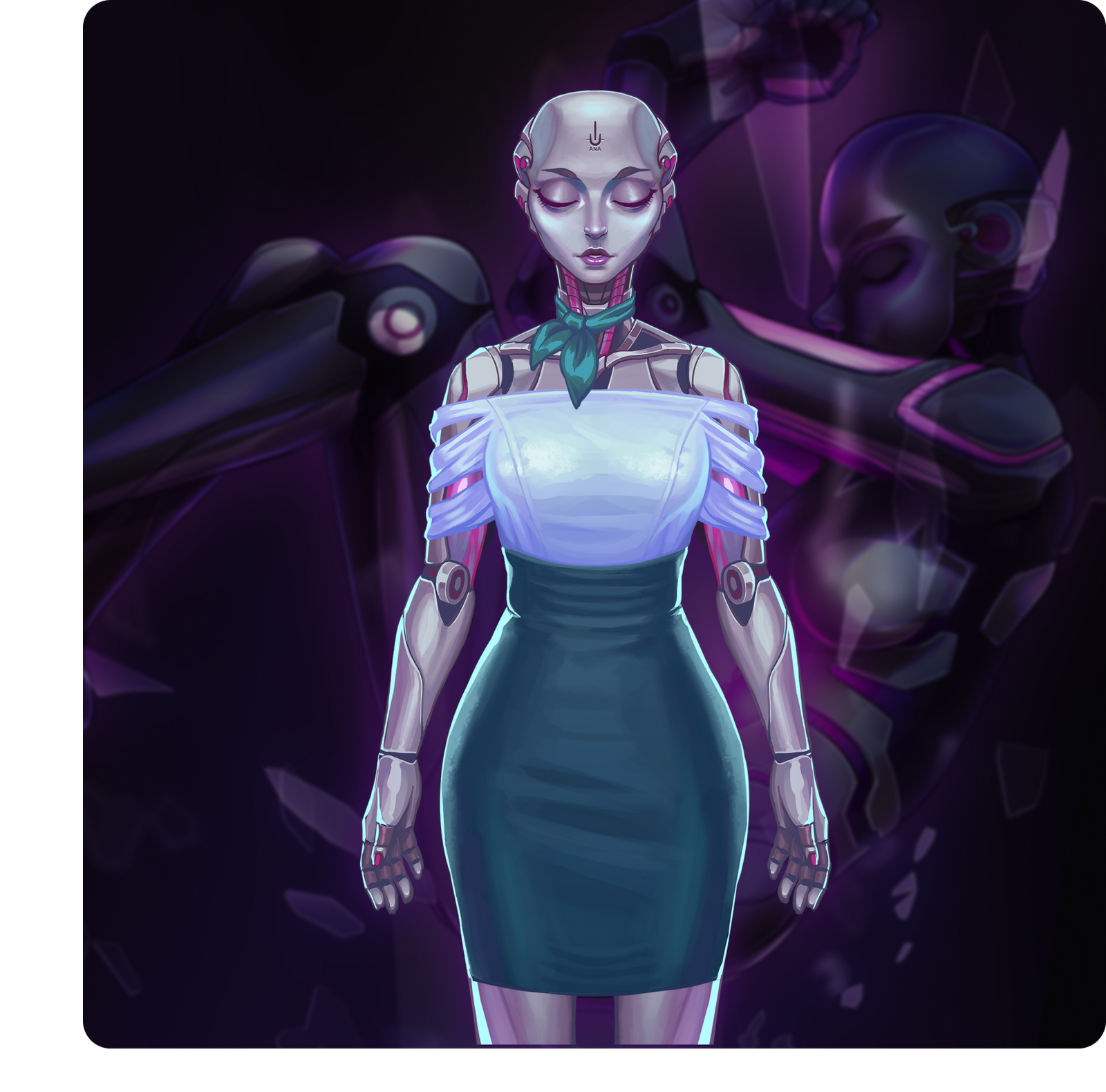 Futuristic humanoid robot in stylish dress, set against a dark, abstract background.