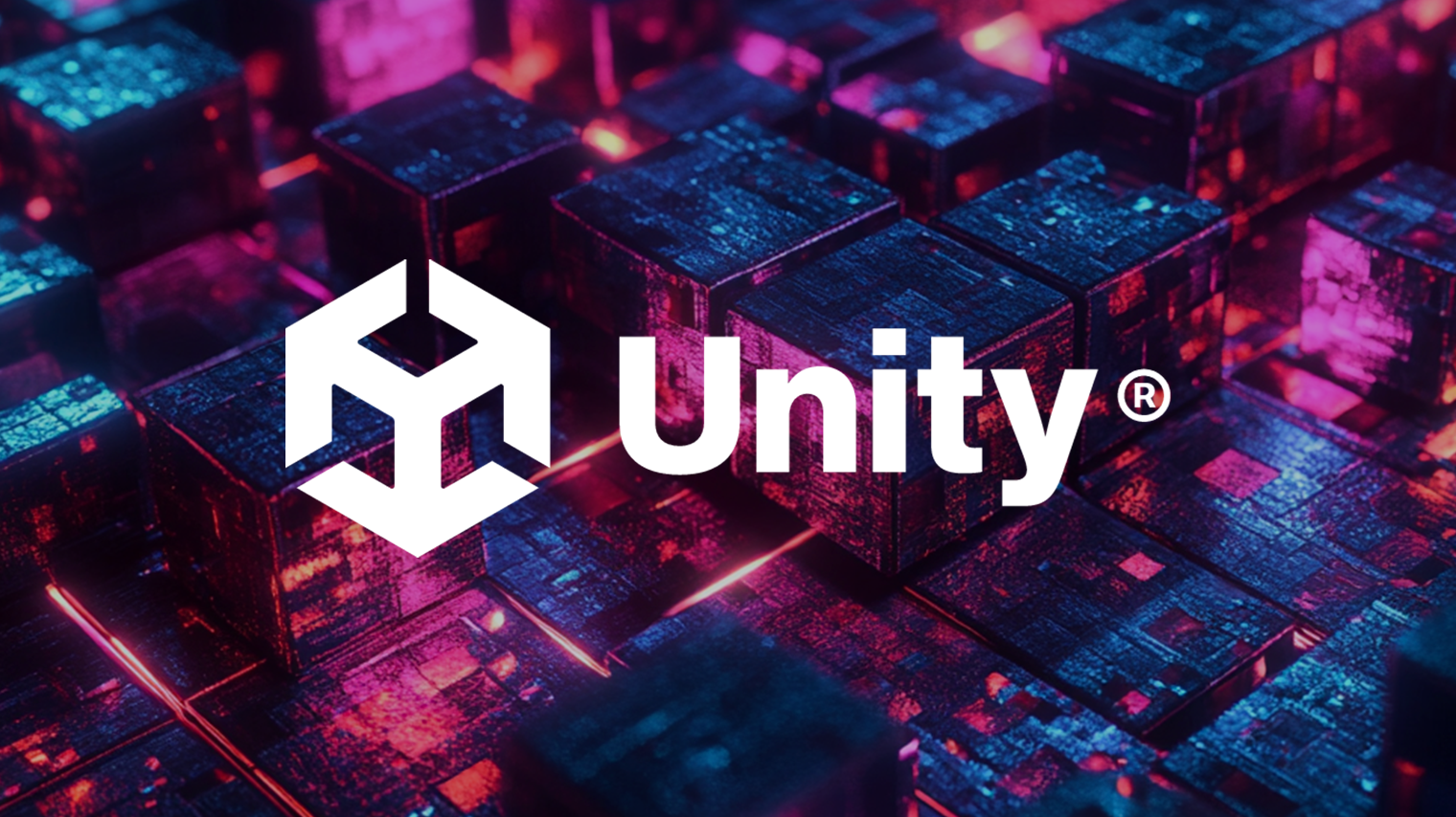 Colorful 3D cubes with glowing edges and the Unity logo prominently displayed.