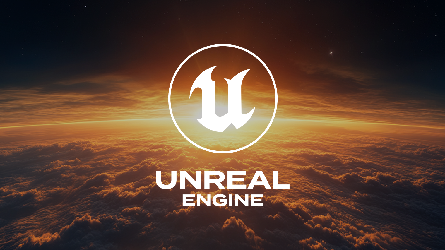 Unreal Engine logo against a stunning sunrise over clouds, showcasing innovation and creativity.