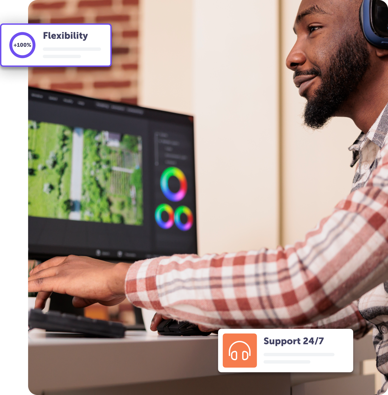 Professional working at a dual monitor setup showcasing productivity features and support options.