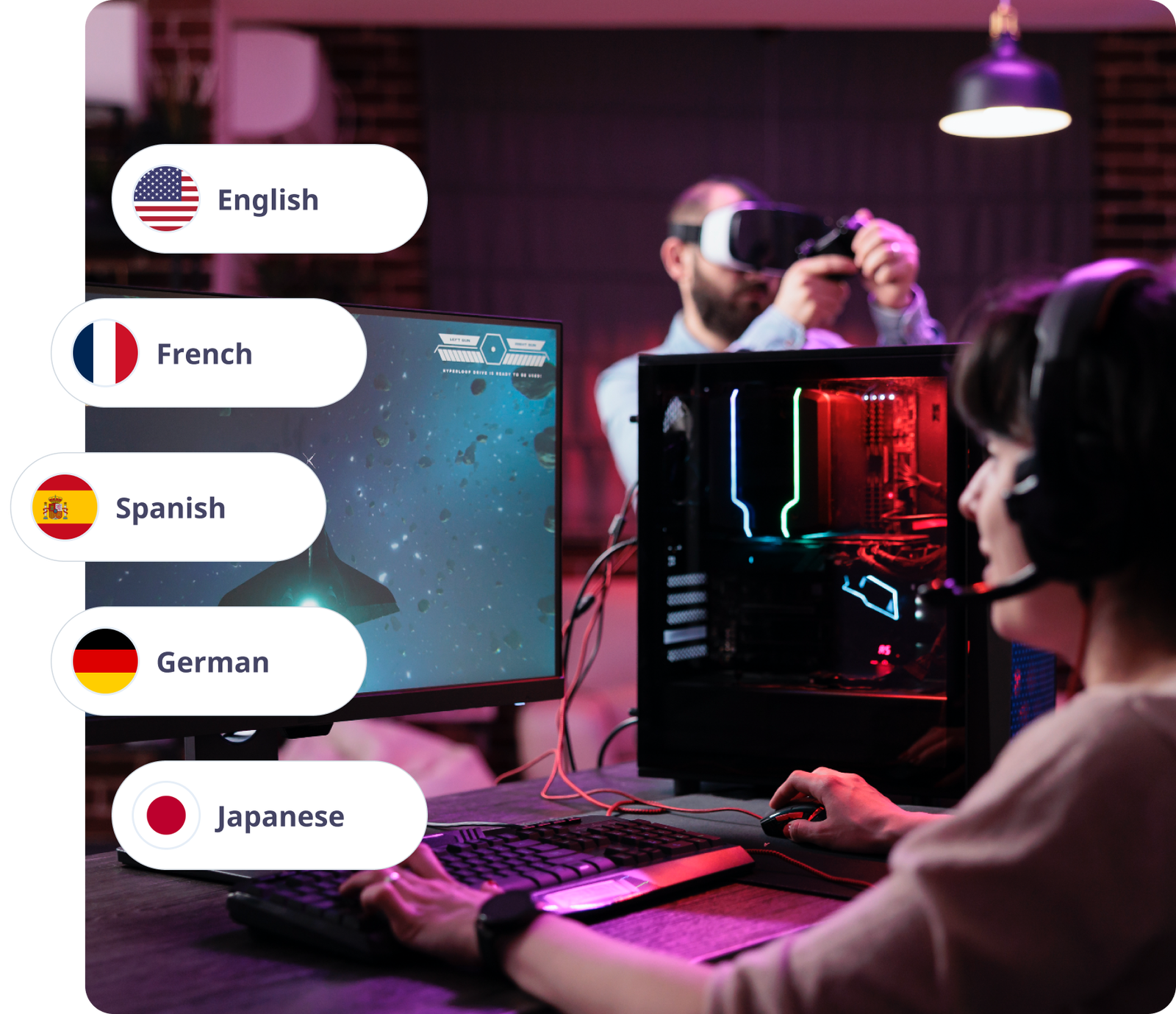 Person gaming with headset, computer, and VR headset, displaying language options on screen.
