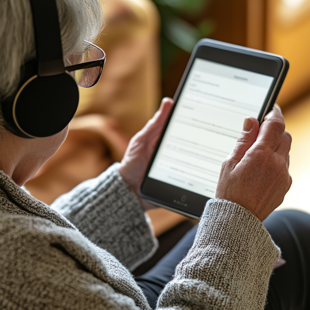 Starsza osoba z słuchawkami na uszach, korzystająca z tabletu.