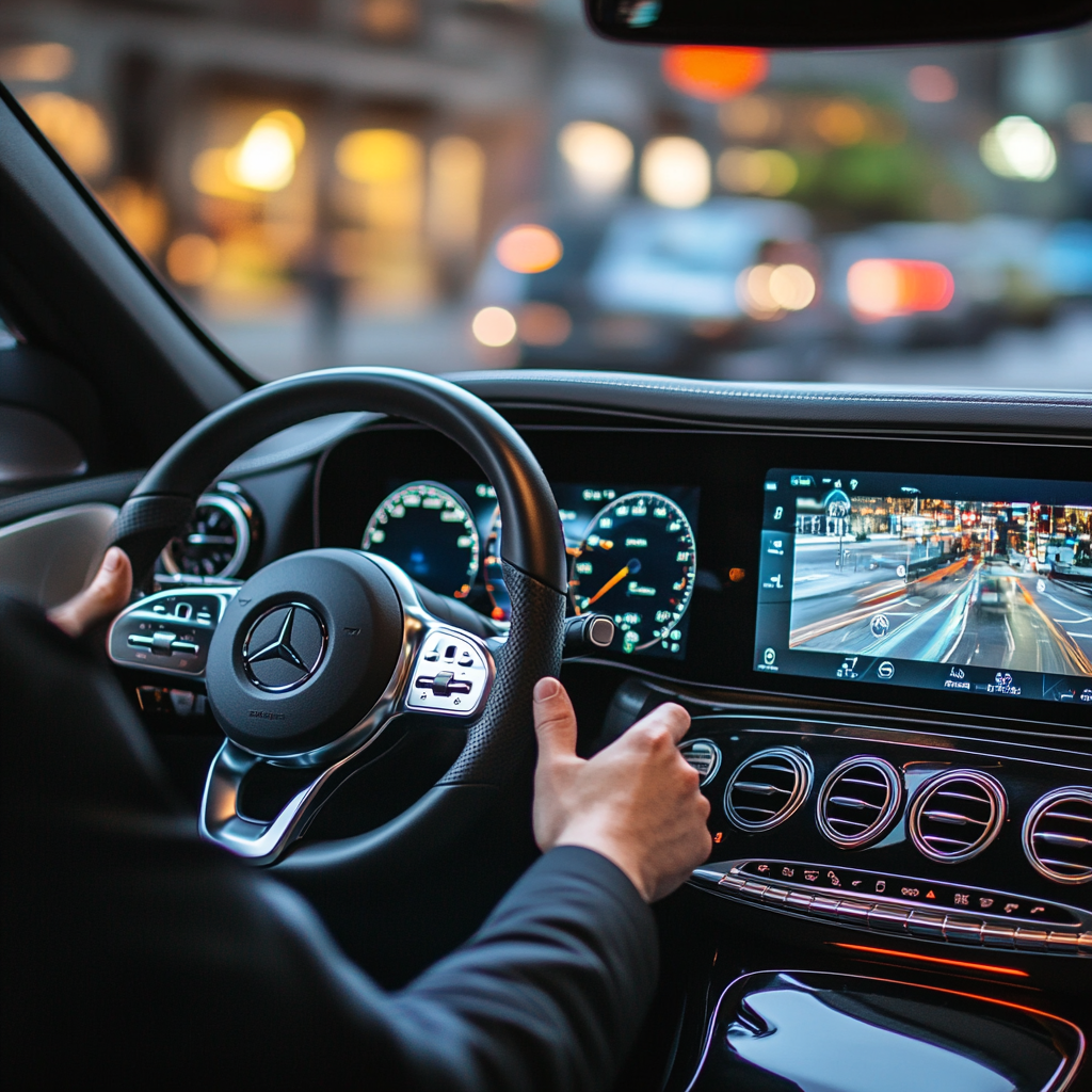 Ręce kierowcy na kierownicy Mercedesa z cyfrową deską rozdzielczą i tle świateł miasta.