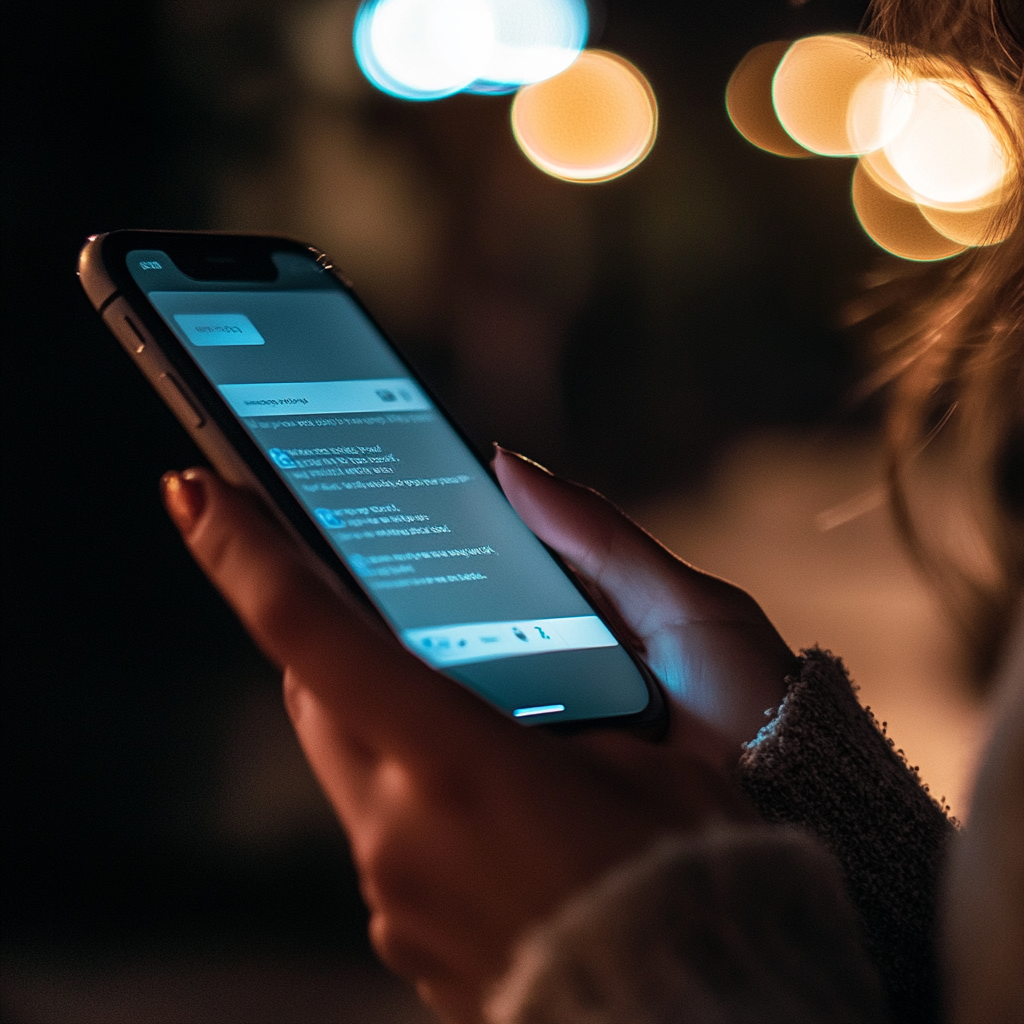 Osoba trzymająca smartfon w nocy, oświetlona bokehem świateł w tle.